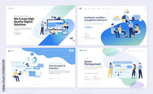 Set of web page design templates of website design and development, responsive design, business management, data analysis, event management. Vector illustrations  for web development.