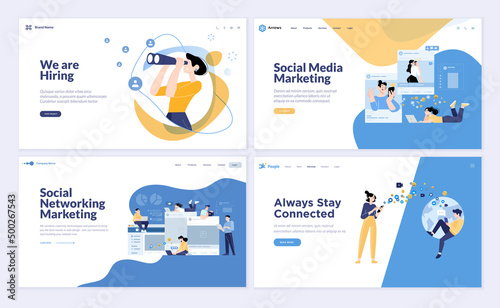 Set of web page design templates of online communication, social media, networking, digital marketing, career, employment. Vector illustration for web development.