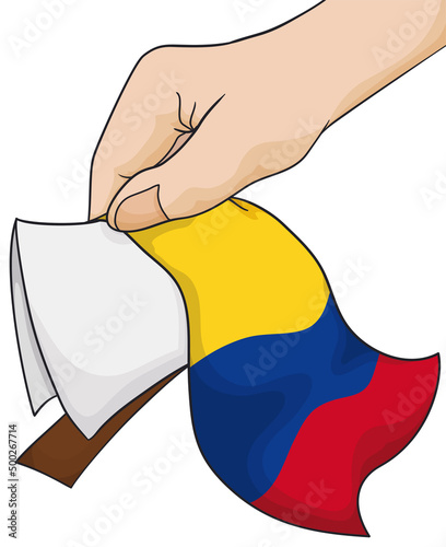 Hand with vote and Colombian flag ready to suffrage, Vector illustration