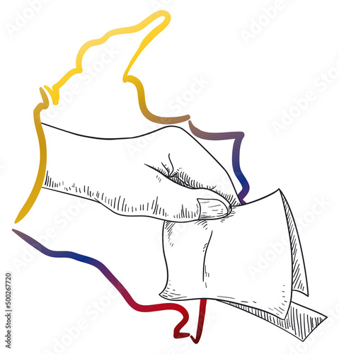 Colombia's map, hand and vote for election contest, Vector illustration