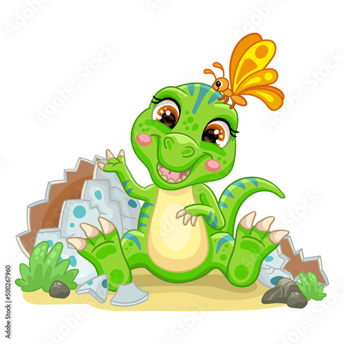 Cute cartoon baby tyrannosaurus with egg vector illustration
