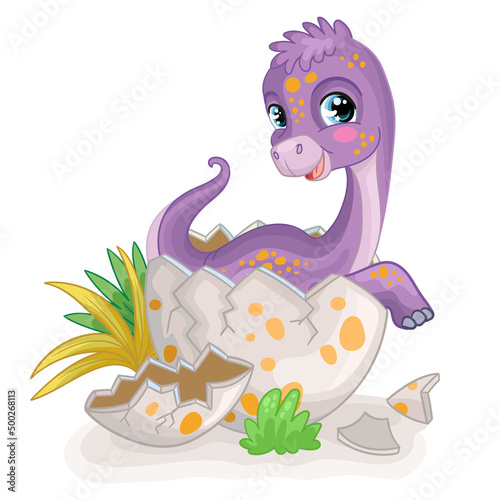 Cute cartoon baby purple diplodocus in egg vector illustration