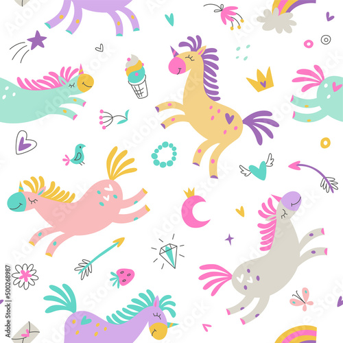 Seamless pattern of cute unicorns. Vector illustration. Birthday concept.
