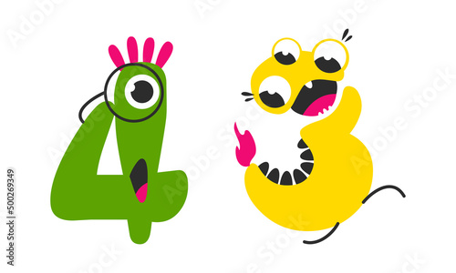 Cute monster numbers. 4, 3 number in shape of funny green and yellow monster cartoon vector illustration