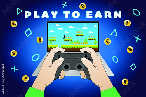 P2E, Play to Earn, NFT game concept design. Platform game design on laptop and hands holding gamepad.