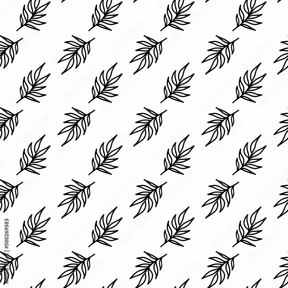 Hand drawn vector outline tropical coconut leaves seamless pattern isolated on white. Ink beautiful nature ornament for fabric, wrapping and textile. Adults and kids coloring page in doodle style.