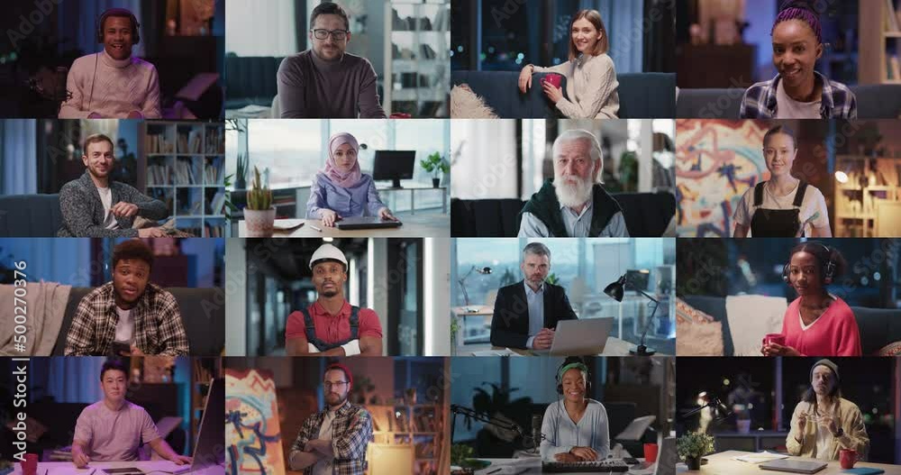 Collage, multiscreen of different people children and adult working at the laptop remote work education online. Close up
