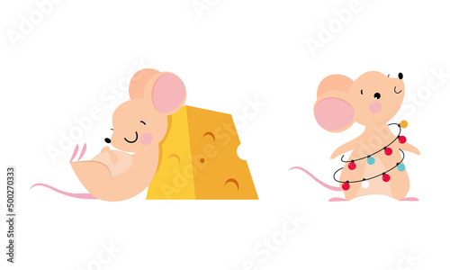 Cute funny adorable mice in different actions set cartoon vector illustration
