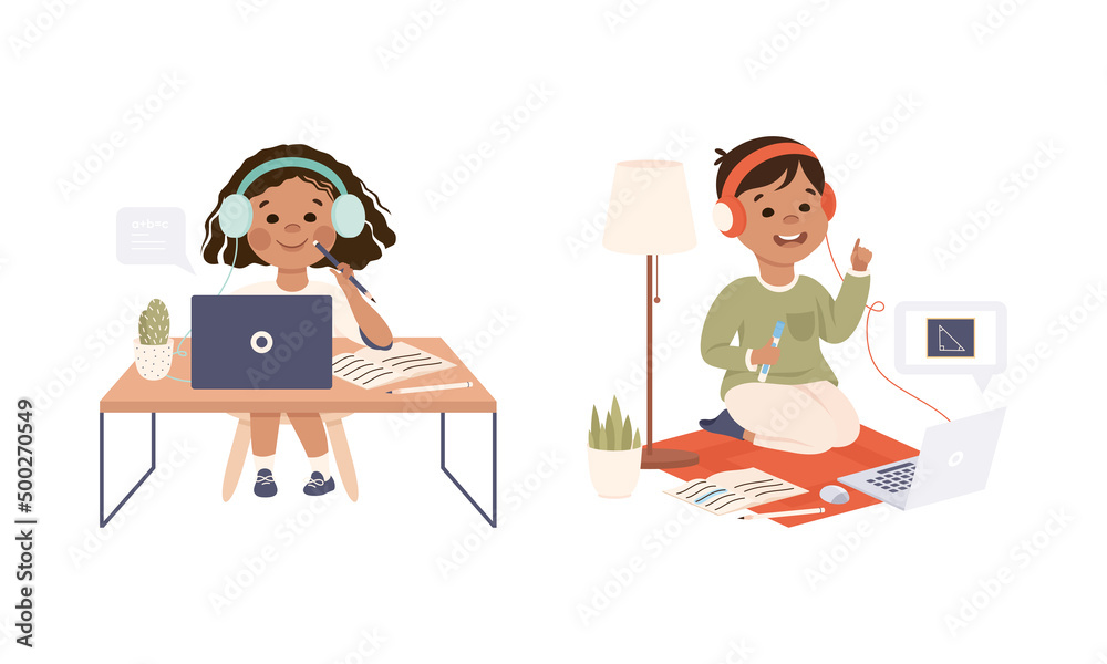 Children learning online using laptop computers. Schoolkids at distance learning. Homeschooling, e-learning cartoon vector illustration Children learning online using laptop computers. Schoolkids at distance learning. Homeschooling, e-learning cartoon vector illustration