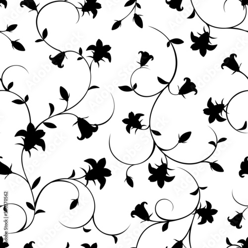 Seamless floral pattern with bluebell flowers. Vector black and white background