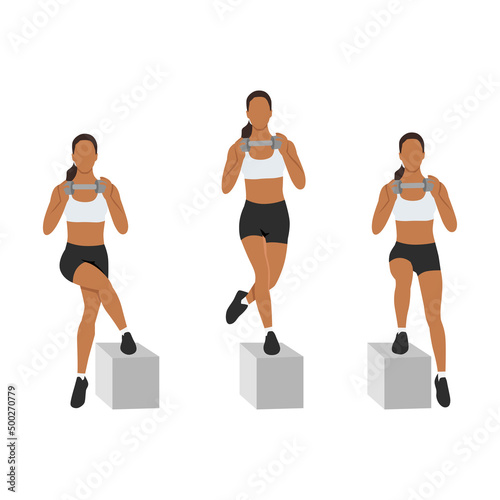 Fototapeta Naklejka Na Ścianę i Meble -  Woman doing Step up crossover exercise. Flat vector illustration isolated on white background