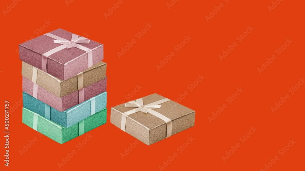 Set gift boxes on a festive bright red background, holiday sale promotion banner Set gift boxes on a festive bright red background, holiday sale promotion banner