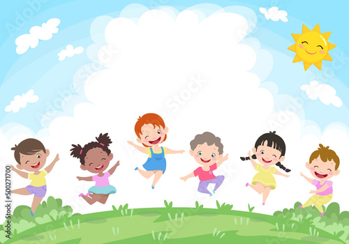 Happy kids  jumping  on the grass. Sunny day cute outside vector illustration.