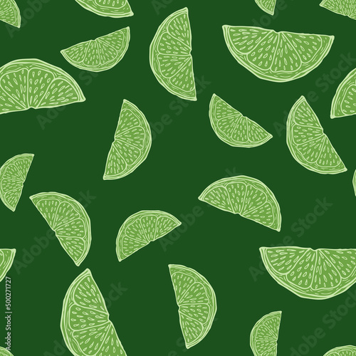 Seamless pattern engraved slice lemon. Vintage background piece lemon or lime in hand drawn style.