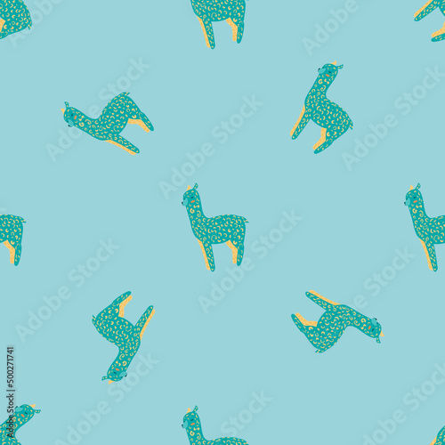 Cheerful alpaca seamless pattern. Background with funny llama in doodle style for fabric.