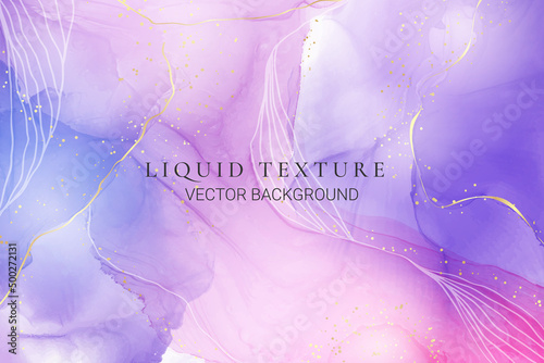 Purple rose and lavender liquid marble background with gold stripes and glitter dust. Pastel pink violet watercolor drawing effect. Vector illustration backdrop with gold splatter for wedding invite