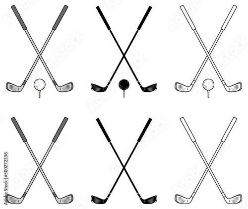 Crossed Golf Clubs and Golf Ball Clipart Set - Outline, Silhouette & Color