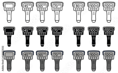 Speeding Radar Gun with Km/H and Mph Clipart Set - Outline, Silhouette and Color