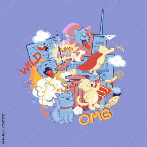 Cartoon cats and dogs with stuff in kawaii style.  Labels, stickers, prints.
