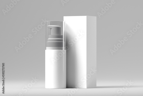 Empty blank White plastic sprey bottle with packaging box mockup isolated on background for cosmetics. 3D rendering.