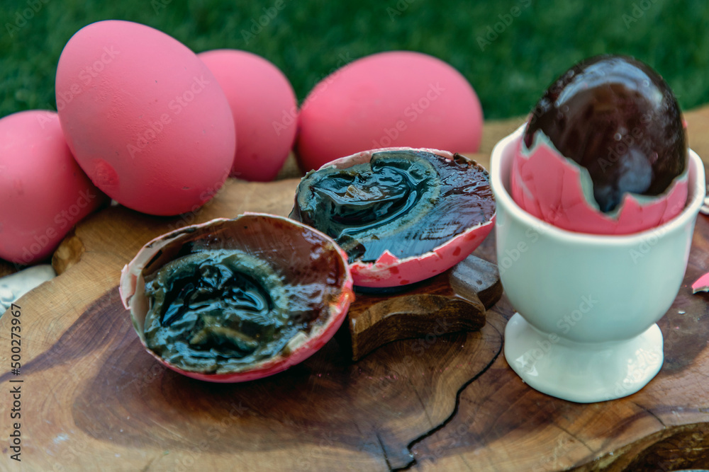 Asian Traditional Food, Pink Century eggs (Pidan Eggs) also known as
