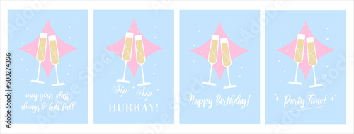 Set of postcards with champagne. Happy birthday. Let's drink. Quote with alcohol. Postcard toast. 
A glass of champagne