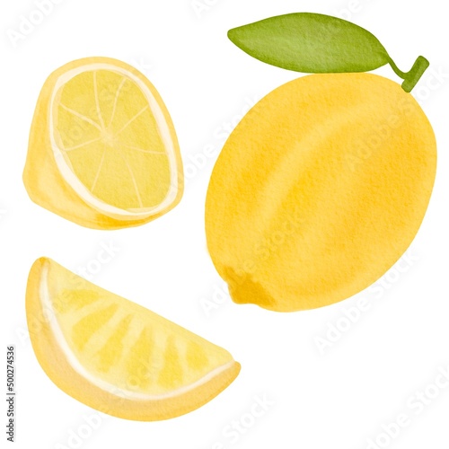 Watercolor lemons set. Lemon slice, lemon half sublimation clipart. Summer juice coctail cartoon isolated citrus orange hand drawn illustration for menu, card, tshirt design