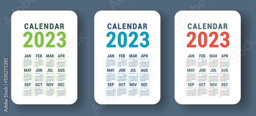 Calendar 2023 year. English colorful vector set. Vertical wall or pocket calender template. Design collection. New year. Week starts on Sunday