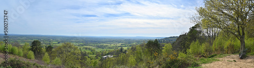 Holmbury Hill, Surrey, UK: Panoramic view from the summit of Holmbury Hill part of the Surrey Hills Area of Outstanding Natural Beauty. View over Surrey countryside towards Pitch Hill and Black Down.