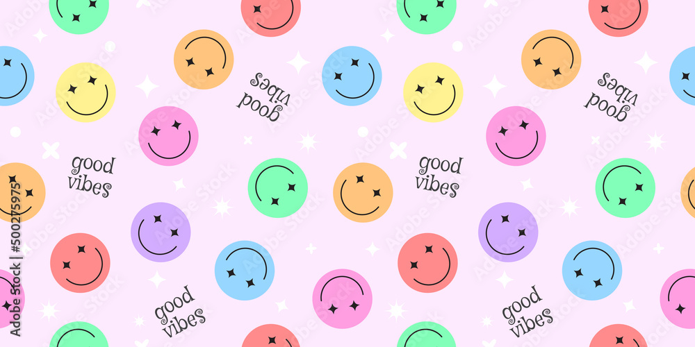 Happy smile faces seamless pattern in trendy funky y2k style. Colorful circle stickers, character icons endless background. Vector illustration in 90s graphic for fabric, print, textile, presentation