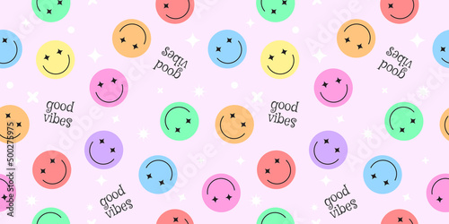 Happy smile faces seamless pattern in trendy funky y2k style. Colorful circle stickers, character icons endless background. Vector illustration in 90s graphic for fabric, print, textile, presentation