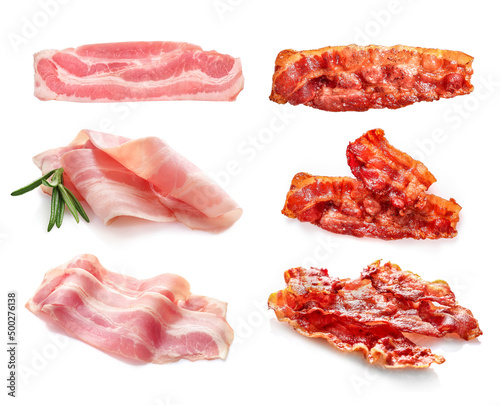 Set of fried crispy bacon slices isolated on white background.