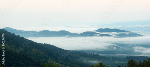 Surreal landscape of morning foggy. Morning clouds at sunrise. Landscape of fog and mountains of northern Thailand
