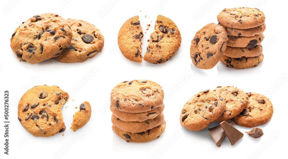 Set of chocolate chip cookies isolated on white background. Set of chocolate chip cookies isolated on white background.