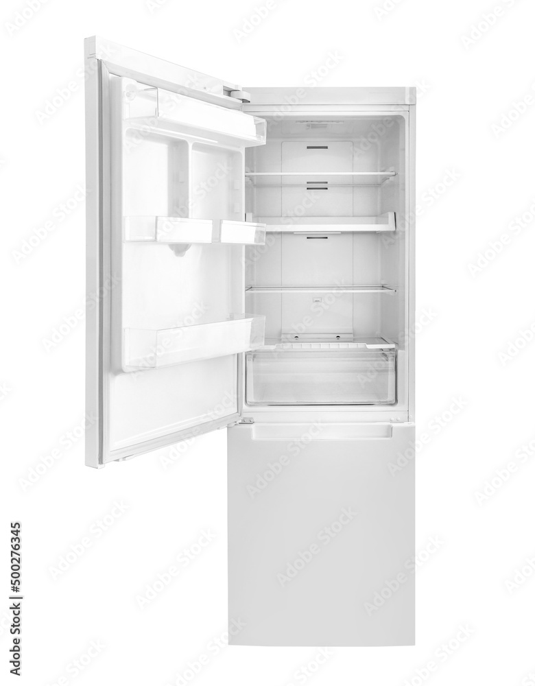 Open empty white fridge on isolated on white background. Open empty white fridge on isolated on white background.