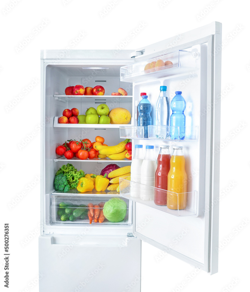 Open fridge full of vegetables, fruits and drinks isolated on white background. Open fridge full of vegetables, fruits and drinks isolated on white background.