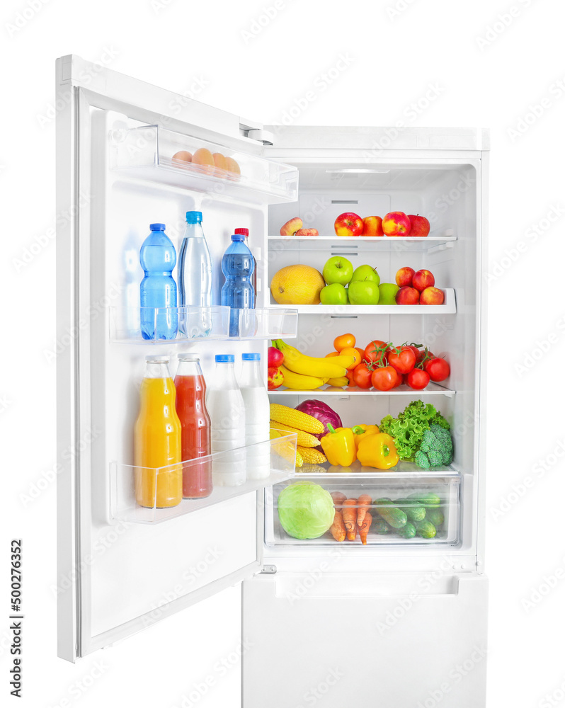 Open fridge full of vegetables, fruits and drinks isolated on white wall background. Open fridge full of vegetables, fruits and drinks isolated on white wall background.