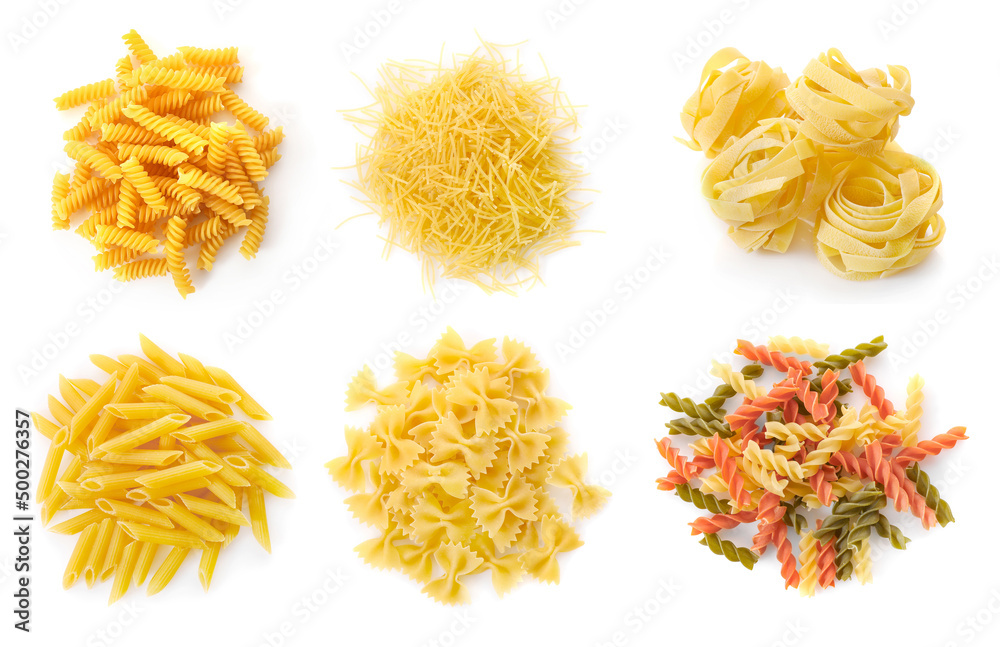 Set of raw pasta isolated on white background. Top view. Set of raw pasta isolated on white background. Top view.