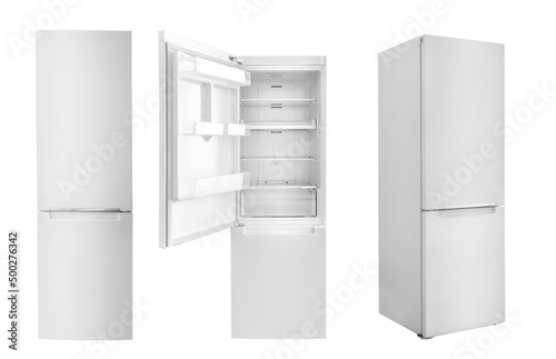Set of white fridges isolated on white background. photo