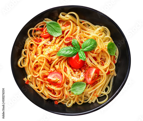 Italian pasta with tomatoes, cheese parmezan and basil isolated on white background. Top view.