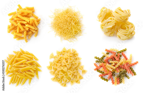 Set of raw pasta isolated on white background. Top view.