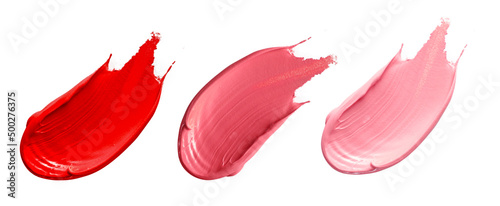Set of pink lipstick smears isolated on white background. photo