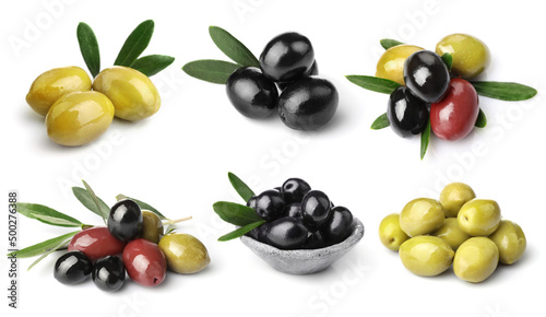 Set of green, red and black olives isolated on white background