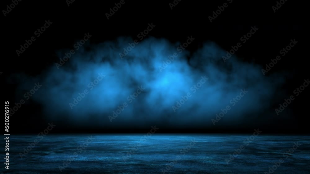 Abstract background with mystic blue smoke moving over old asphalt. Empty dark city street with horror atmosphere. Night scene with fog without people. Seamless background, loop stock video.