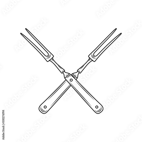 Prick pitchfork or meat fork kitchen utensil, hand drawn sketch style vector illustration isolated on white background. Barbecue and grill fork for meat steak.