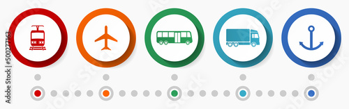 Vehicles, transportation concept vector icon set, modern design infographic template, travel colorful web buttons collection
