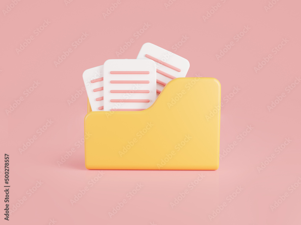 3D rendering illustration of three paper document in yellow folder icon  isolated on pink background. Data storage, computer folder, folder with  files, paper icon.File management concept ilustração do Stock | Adobe Stock
