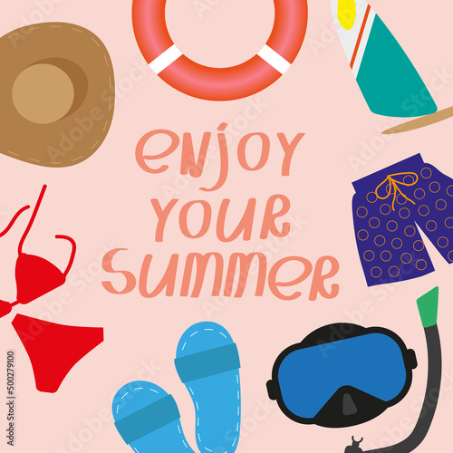 Bright summer poster with elements of summer clothes, entertainment for summer with the inscription "Enjoy your summer"