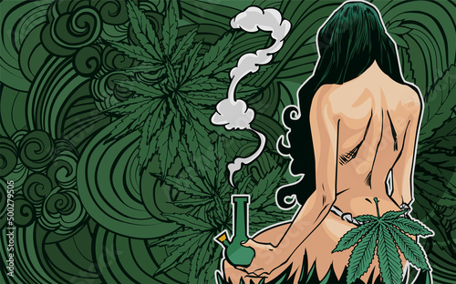 Naked lady with cannabis leafs and bong.