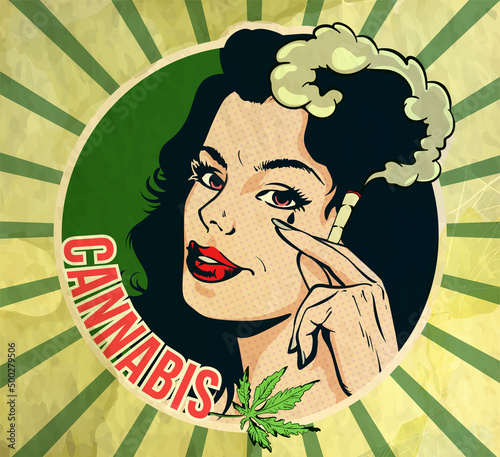 Vintage vector design template with lady cannabis smoker. The joint in her arm. Cannabis leaf